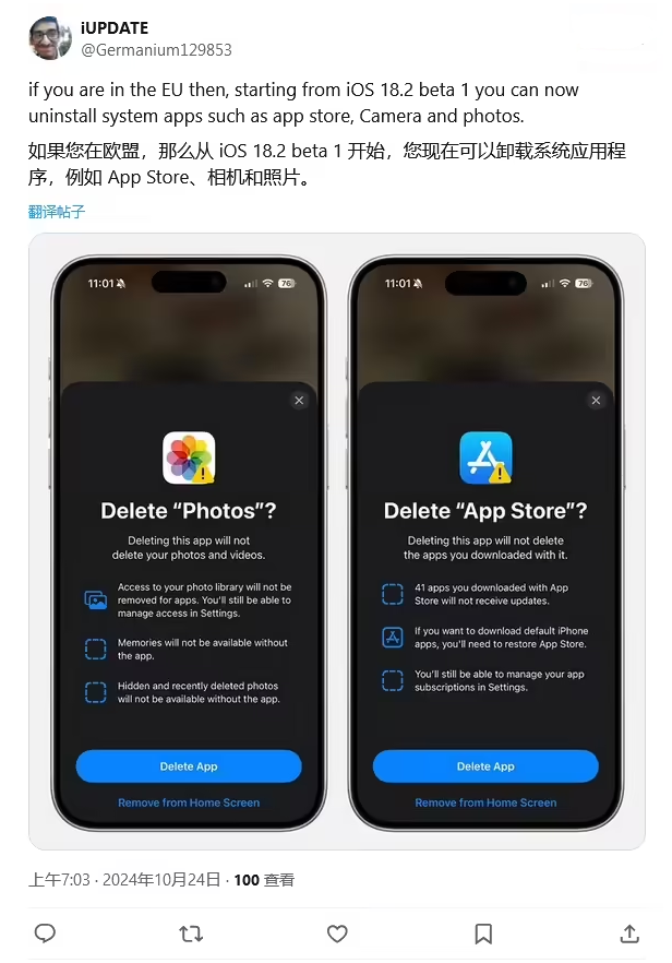 浙江苹果手机维修分享iOS 18.2 支持删除 App Store 应用商店 