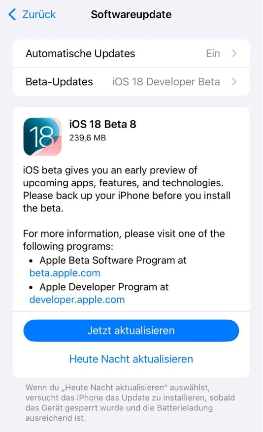 浙江苹果手机维修分享苹果 iOS / iPadOS 18 开发者预览版 Beta 8 发布 